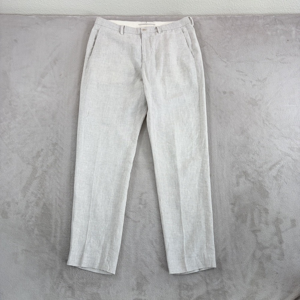 ZARA Sartorial Straight Trouser Chino Pants in Beige 100% Linen Men 34x31 Tag 32